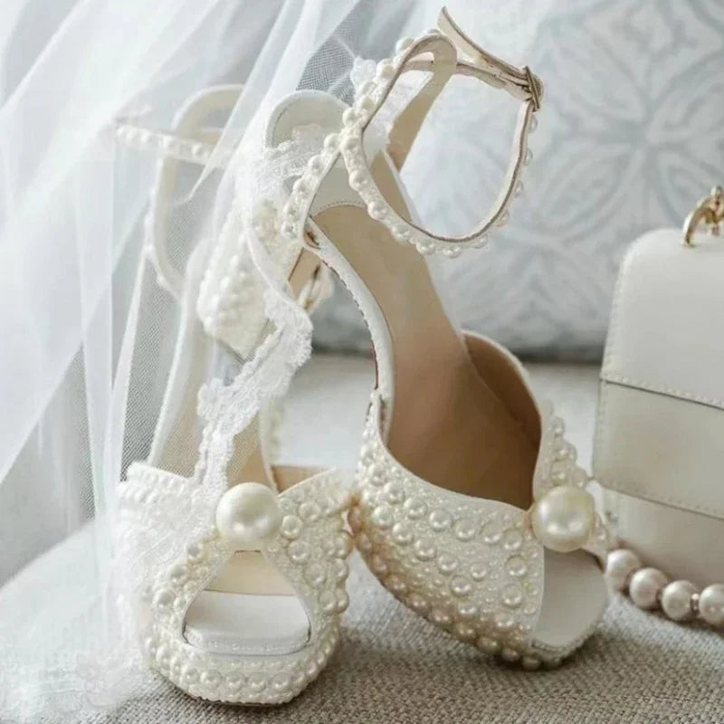 Shoes for Women Beaded Thick Heel Fish Mouth Sandals 35-41 High Heel Waterproof Platform Women's Shoes Wedding - Acros