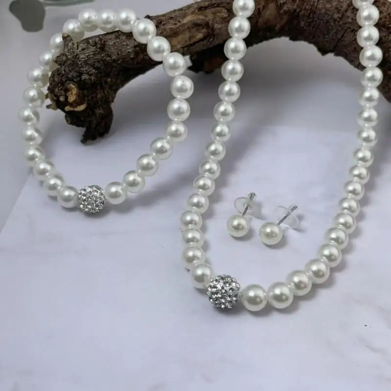 3 PCS Set Imitation Pearl Fireball Necklace Bracelet Earring Stud Jewelry Set Silver Color Crystal Stone Elegant Bridal Jewelry
