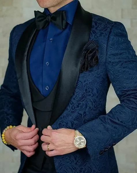 Men's black Italian wedding tuxedo suit by Ansoff, includes jacket, vest, and pants, perfect for grooms or formal occasions.
