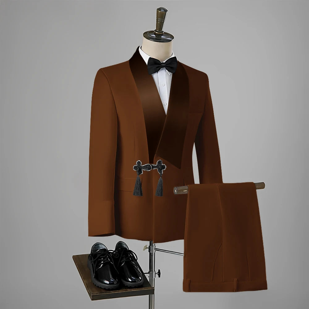 Ansoff men's wedding tuxedo set featuring a slim-fit blazer with tassel lapel, one-button closure, and matching pants.