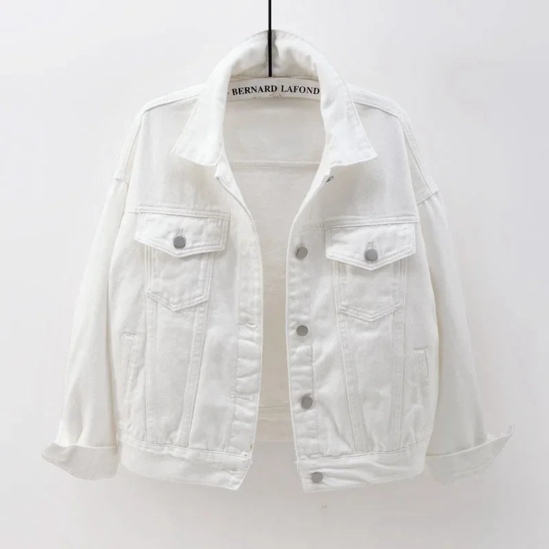 Ansoff women's oversized classic denim jacket in purple, white, and yellow with a loose fit and boyfriend style.