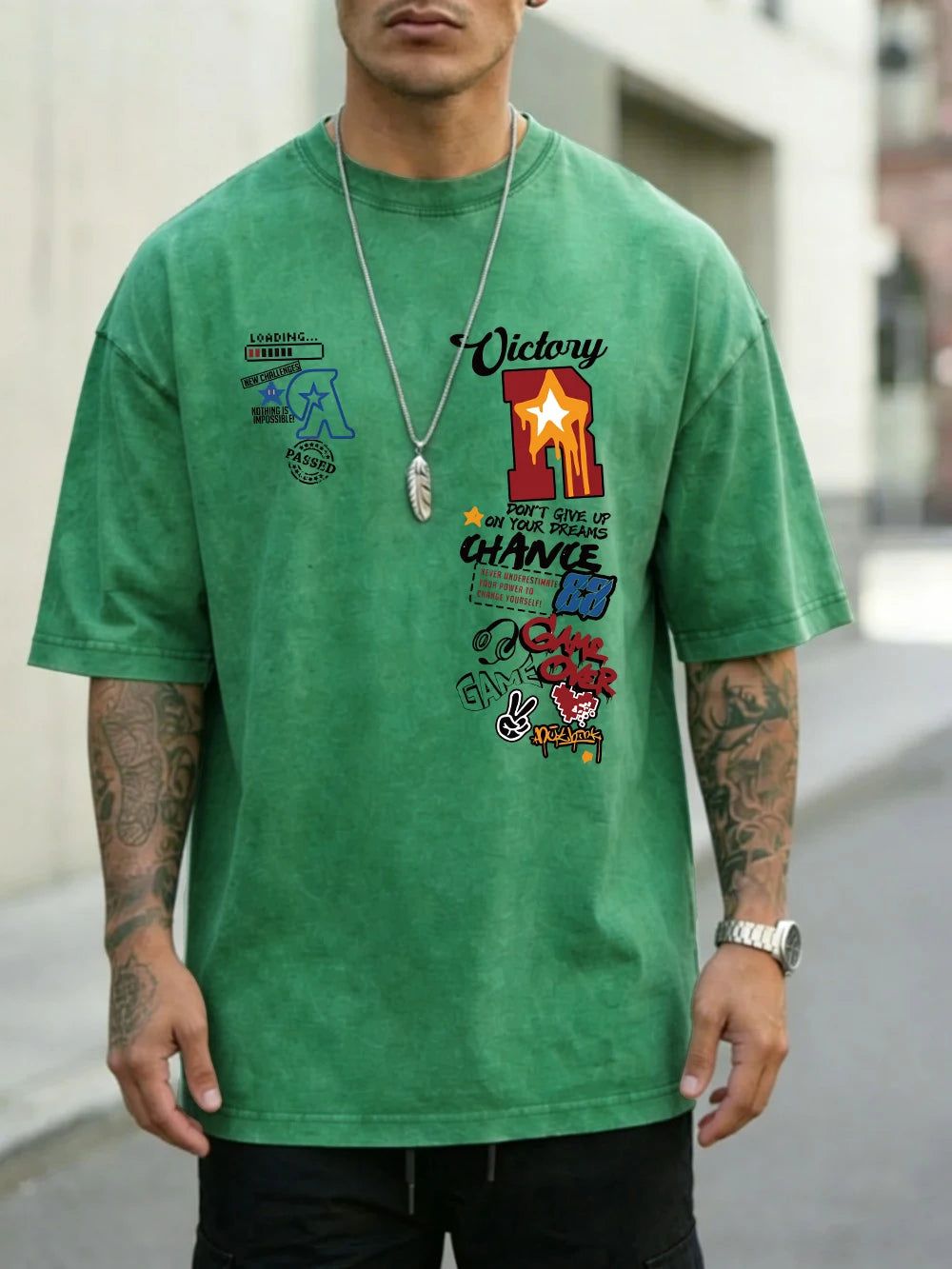 Mens oversized summer sports letter jersey print T-shirt by Ansoff, with washed cotton fabric, short sleeves, and O-neck style.