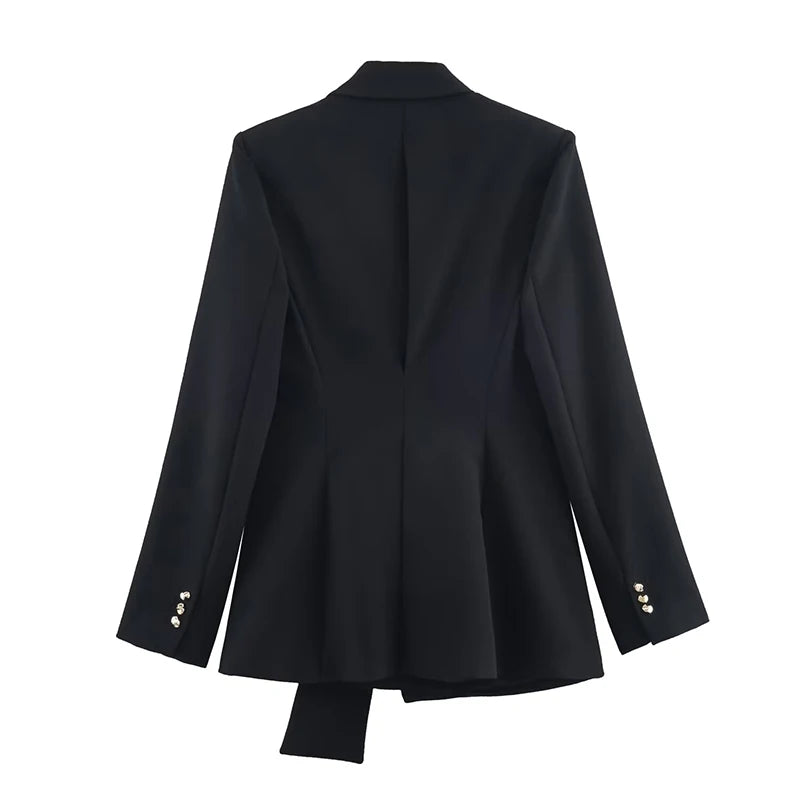 Women's suit pants two-piece set by Ansoff with blazer coat featuring buckle decoration and straight-leg pants, chic professional outfit