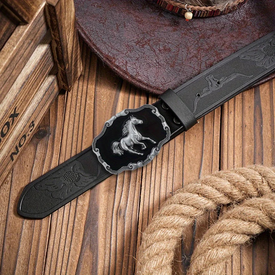 Western men's denim belt with wild horse buckle, retro style, unisex design by Ansoff, perfect for jeans and casual outfits.