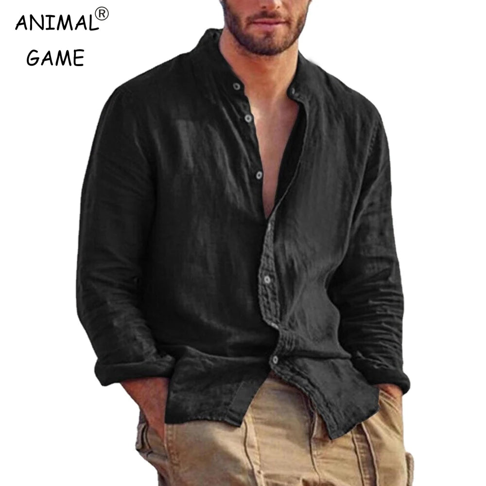 Sweatwear Men's Long Sleeve Shirt Linen Solid Color Shirts Trend Stand Collar Casual Lightweight Breathable Tops Hawaiian Shirt - Acros