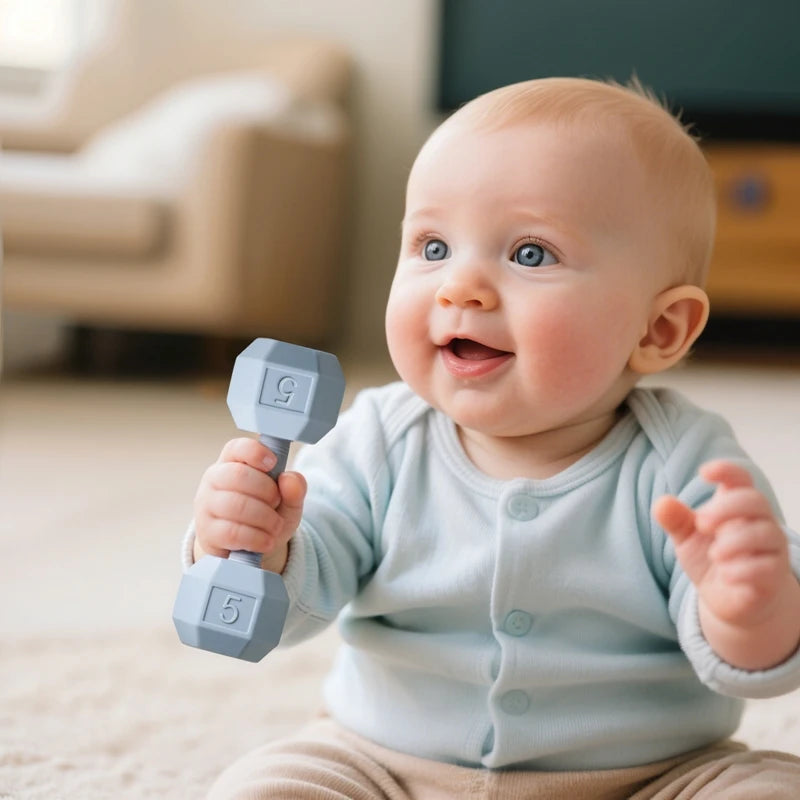 Ansoff baby silicone teething dumbbell rattle toy with cartoon design, sensory features, and a music bell for infants' sensory development.