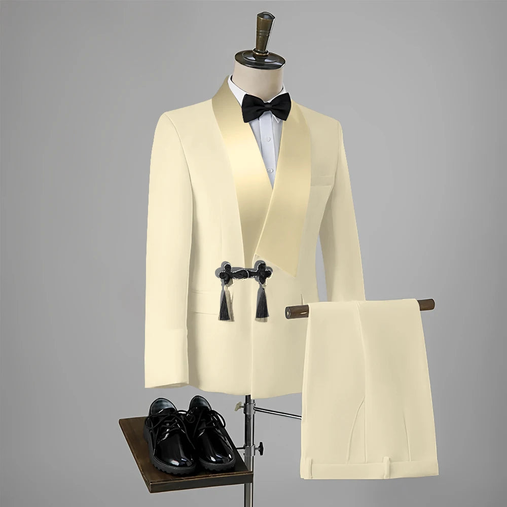 Ansoff men's slim fit wedding tuxedo suit with tassel lapel, single button blazer, and matching pants, styled for formal occasions.