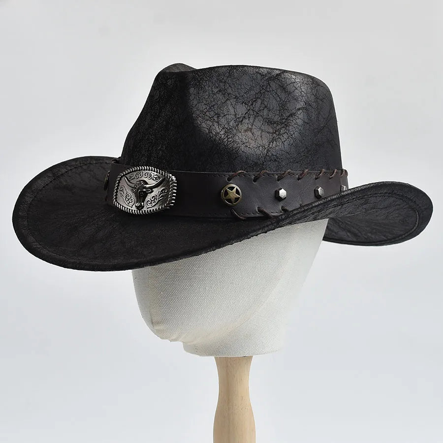 Ansoff vintage faux leather cowboy hat for men and women, wide-brim sombrero style, perfect for cowgirl or western costume wear