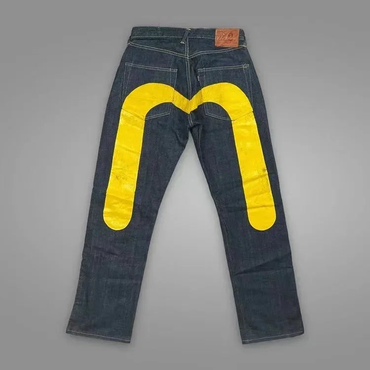 Black gothic Y2K wide-leg denim jeans for women with cargo and punk print, stylish streetwear by Ansoff.