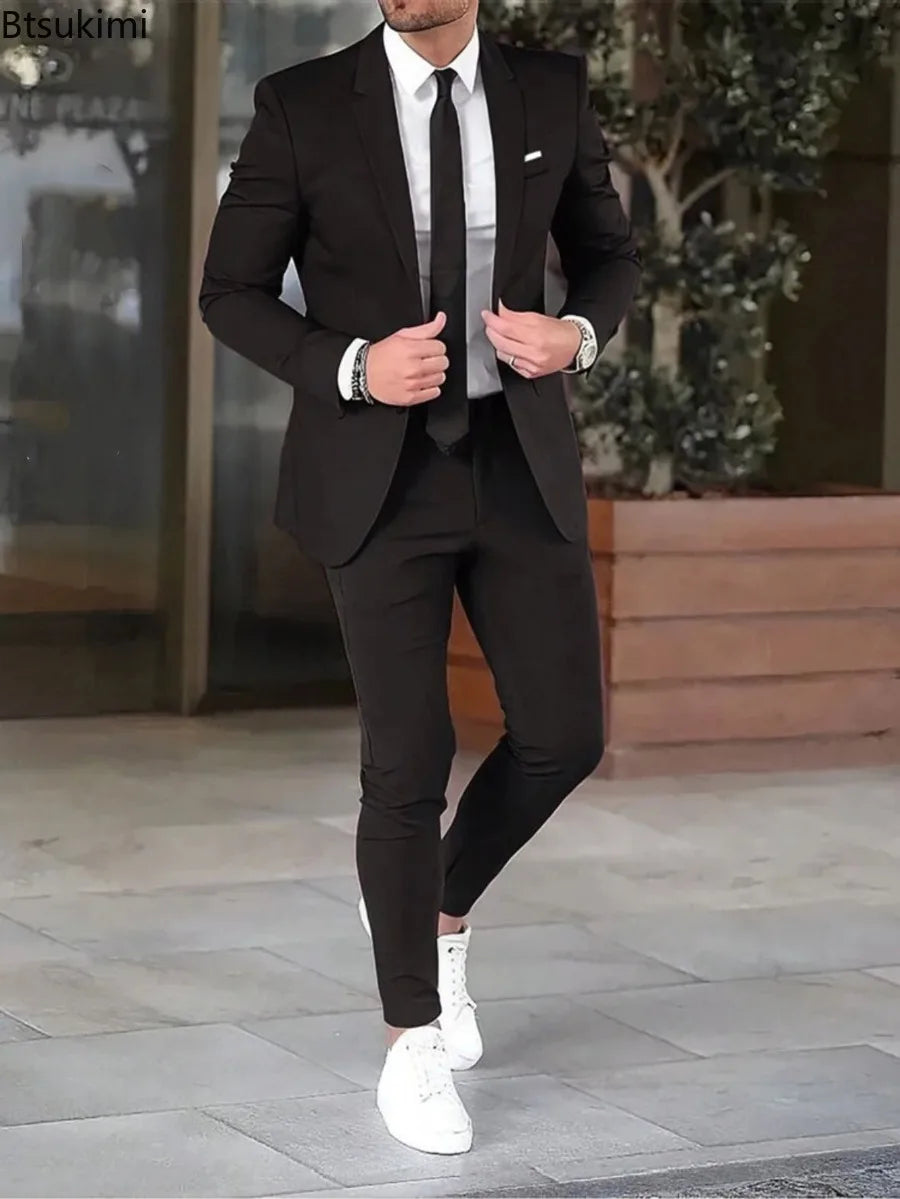 Ansoff men's suit set featuring a solid color blazer and matching pants, slim fit, elegant for weddings or parties.