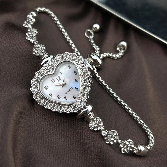 New Fashion Heart-shaped Ribbon-Strap Diamond-Studded Flower Watch for Women with Adjustable Bracelet - Acros