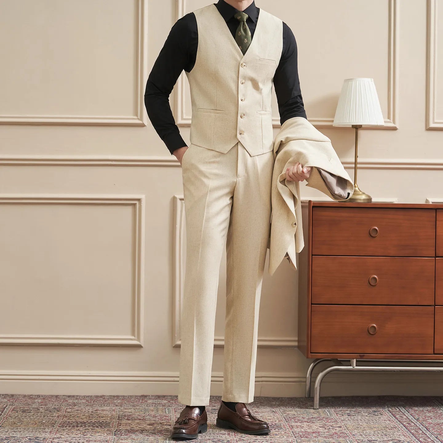 Ansoff men's double-button fitted suit set for summer and spring, ideal for weddings, cocktail parties, and ceremonies.