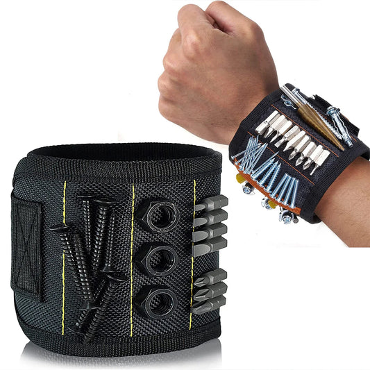 Ansoff magnetic wristband holding screws, nails, and drill bits, with strong magnets, worn on a man's or woman's wrist for tools.