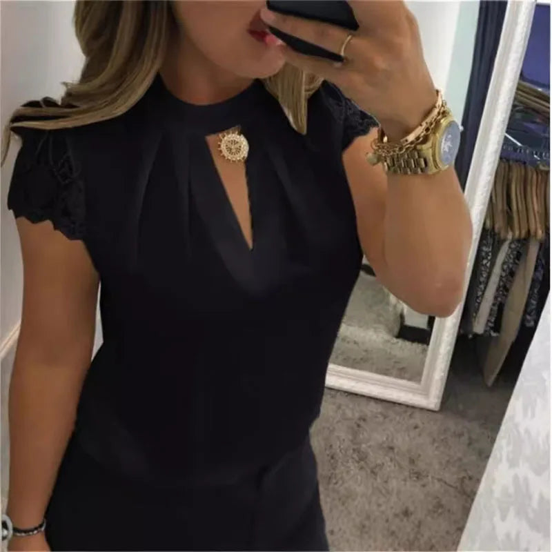 Ansoff women's high-neck blouse with deep V-back, lace sleeves, patchwork details, stand-up collar, and zipper closure.