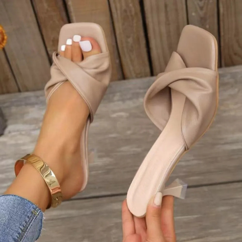Ansoff women's summer high heel shoes with open square toe design, handmade outdoor fashion slippers for wedding and party occasions.
