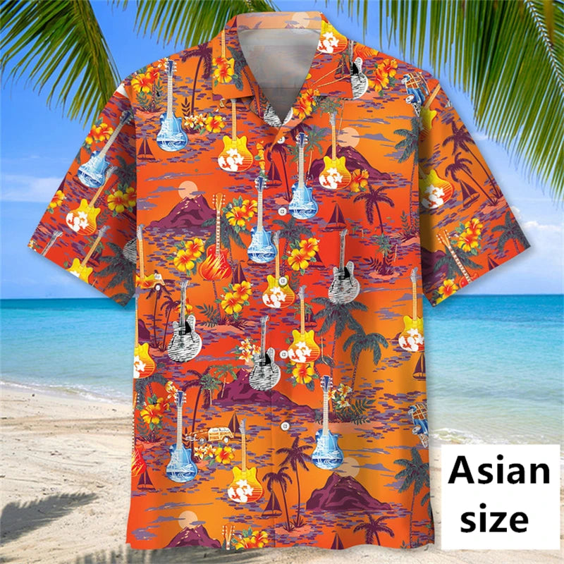 Men's Hawaiian shirt by Ansoff featuring 3D tropical plant, music guitar prints, casual button-up beachwear for vacation style