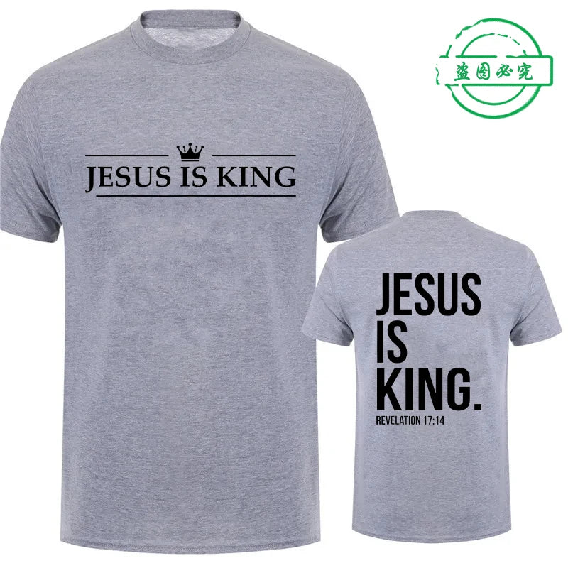 Ansoff Jesus Is King print men's short sleeve T-shirt featuring Christian faith graphic, casual streetwear style for summer.