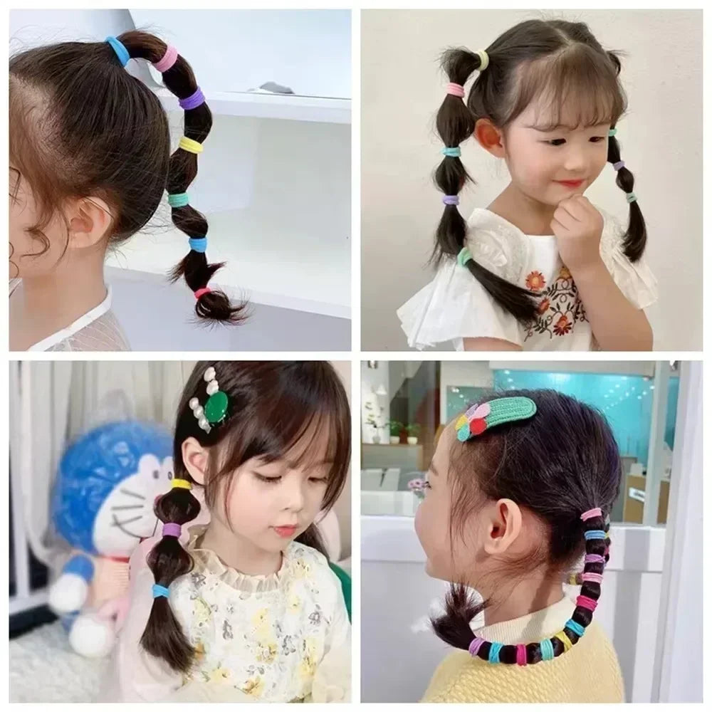 50Pcs/bag Colorful Basic Nylon Ealstic Hair Ties for Girls Ponytail Hold Scrunchie Rubber Band Kid Fashion Hair Accessories - Acros