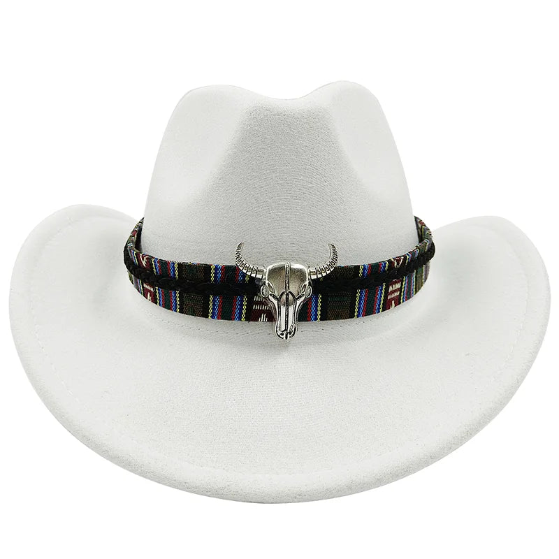 Black cowboy hat with cow head design, large brim, felt material, unisex outdoor knight-style hat by Ansoff.