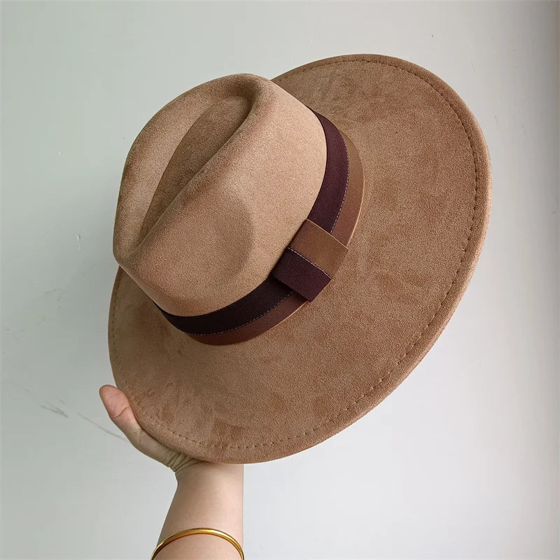 Colorful suede wide brim felt hat for women and men, British style, with colorblock ribbon design, suitable for autumn and winter.