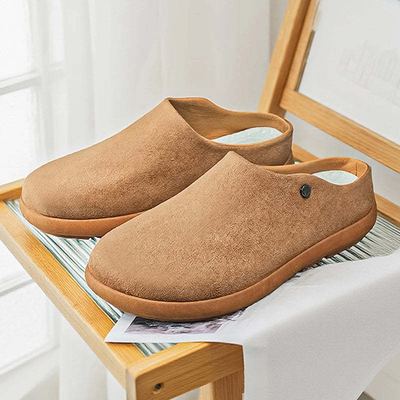 Men's suede leather slippers with cork soles, arch support, and comfortable footbed, designed by Ansoff for winter wear.