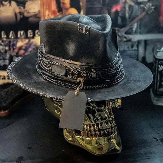 Black Gothic cowboy hat by Ansoff featuring skull ornament, spooky Halloween headwear perfect for festivals and costume parties.
