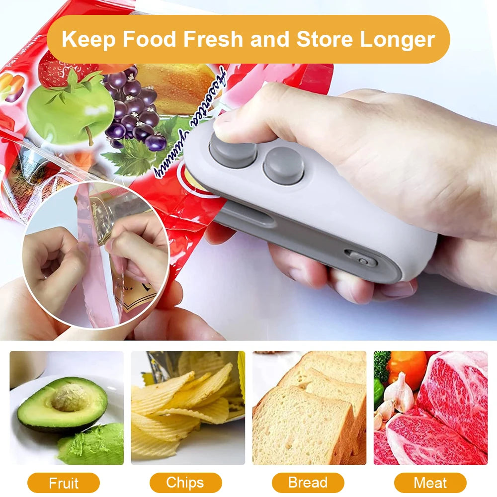 Ansoff mini heat bag sealing machine with handheld plastic food sealer clip for packaging and sealing food bags.