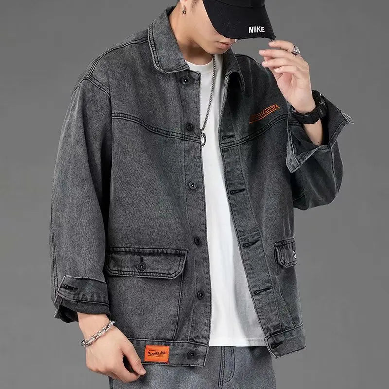 Ansoff men's denim jacket featuring casual loose fit, streetwear style, and classic jean design with a Korean fashion influence.