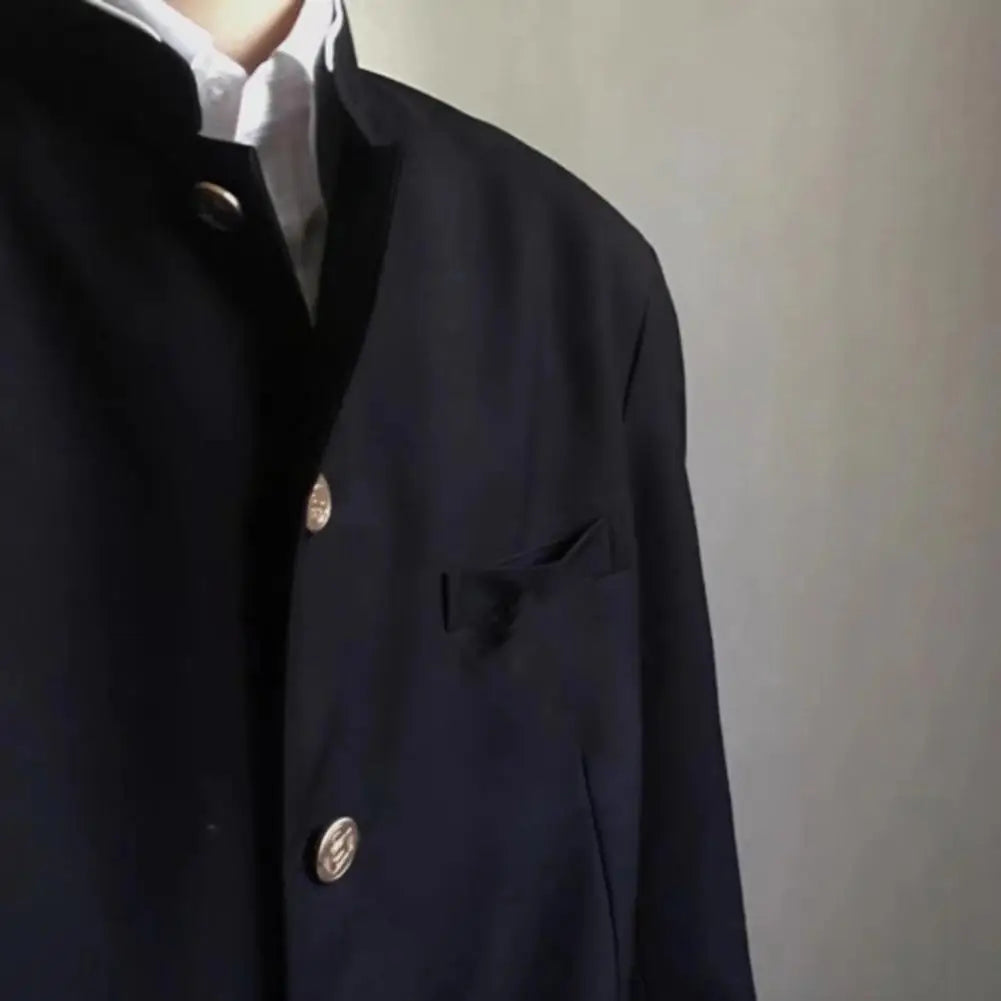 Men's Japanese-style school uniform suit coat by Ansoff with stand-up collar, single-breasted design, flap pockets, formal tunic jacket
