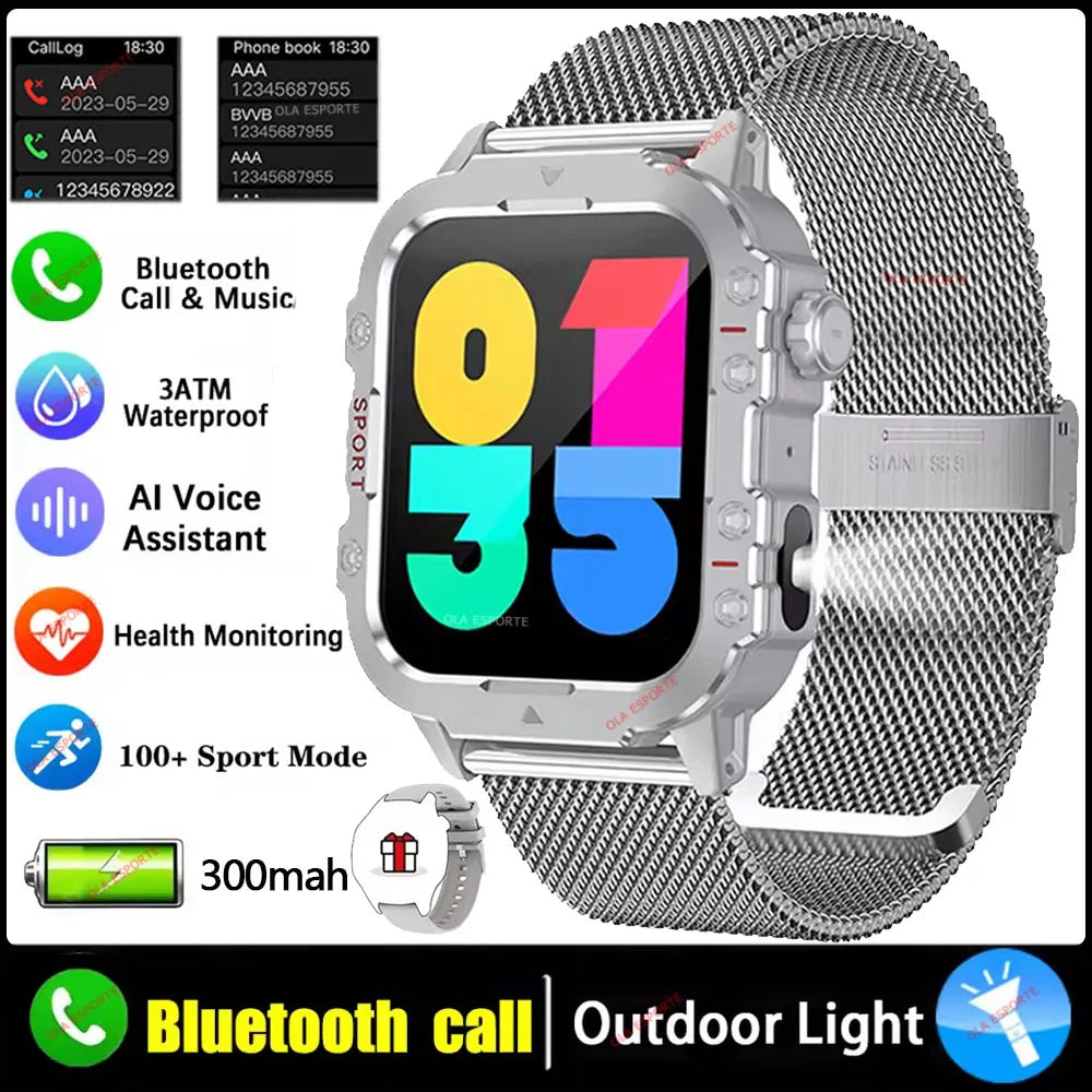 Ansoff 2026 rugged men's military smartwatch with 2.01-inch HD touch screen, LED flashlight, voice Bluetooth, outdoor features.