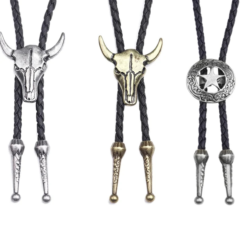 Adjustable Bull Head Five Stars Western Cowboy Bolo Tie Rodeo Dance Necktie Faux Leather Pendant Necklace