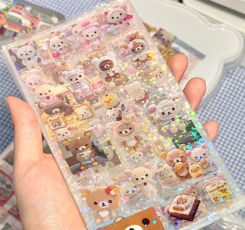 Set of 5PCS Hello Kitty and Rilakkuma cartoon die-cut stickers featuring cute cat and anime designs with flashing laser effects.