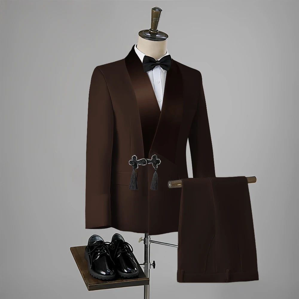 Ansoff men's slim fit wedding tuxedo with lapel, one-button blazer and matching pants, featuring stylish tassel details and disc screw thread design.
