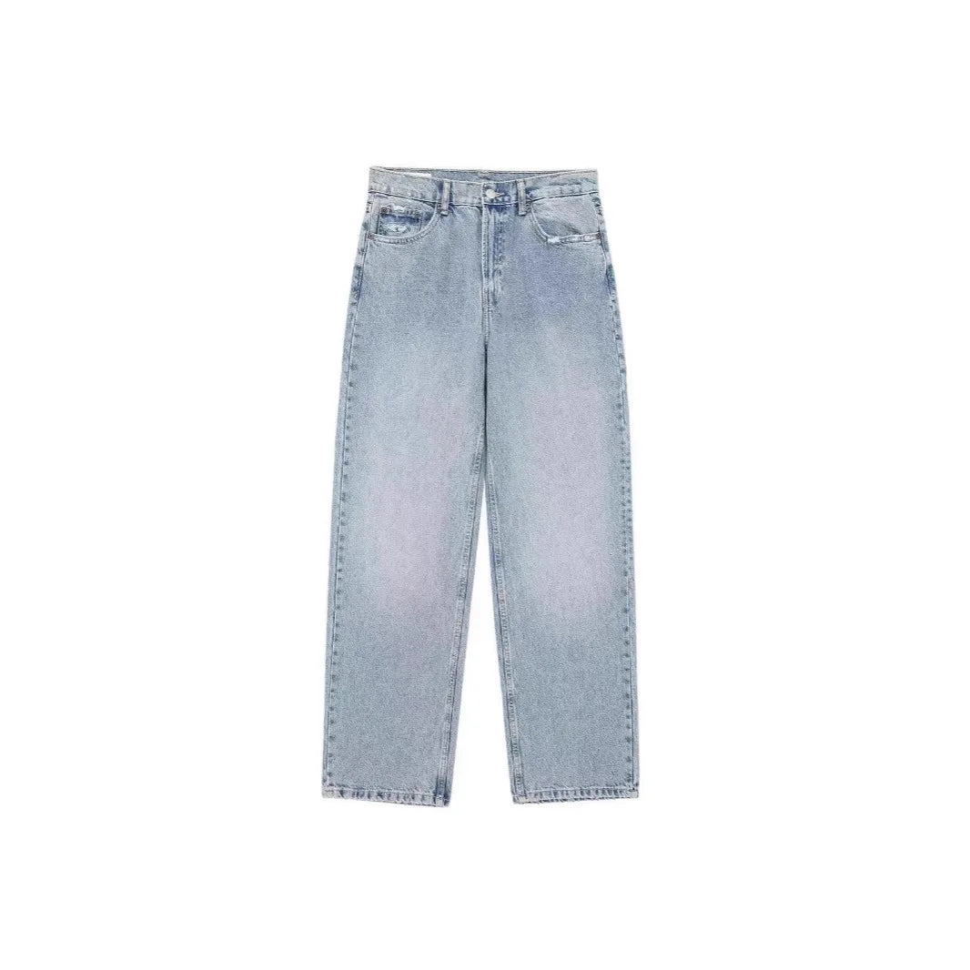 Ansoff women's denim straight-leg jeans with high waist, wide leg style, stylish splice design, casual streetwear look.