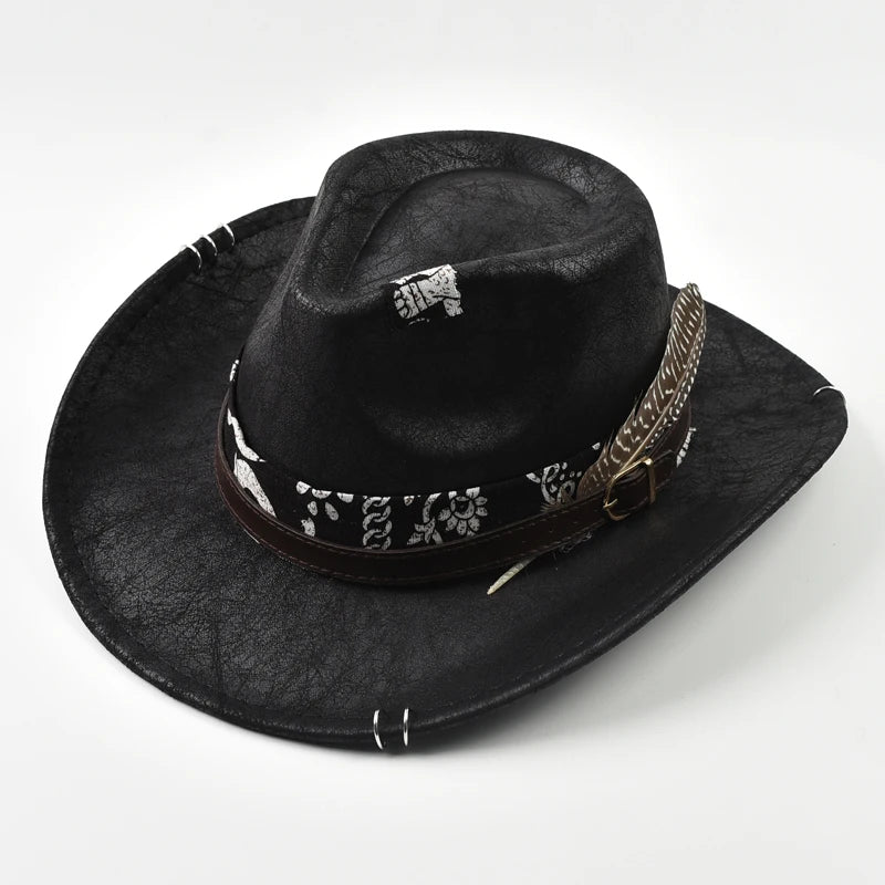 Vintage Faux Leather Western Cowboy Hat For Men Handmade Gentleman Jazz Hats Panama Cowgirl Hat Sombrero Hombre