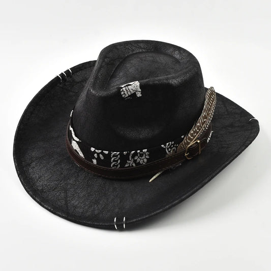 Vintage Faux Leather Western Cowboy Hat For Men Handmade Gentleman Jazz Hats Panama Cowgirl Hat Sombrero Hombre