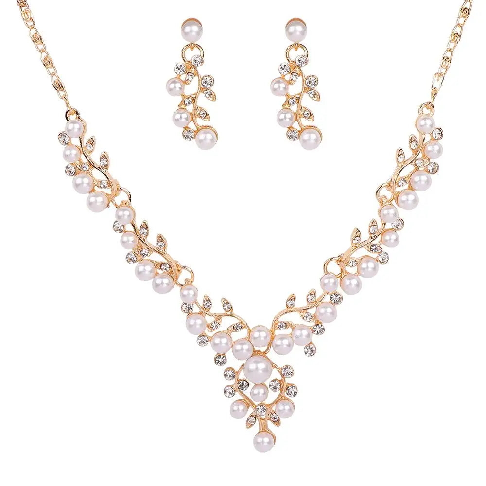 Charm Gifts Party Imitation Pearl Necklace Crystal Engagement Simulated Earrings Silver Plated Jewelry Sets Wedding Bridal
