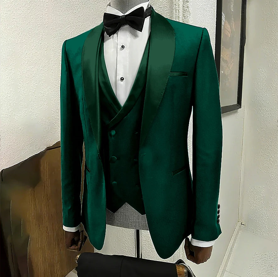 Black men's 3-piece tuxedo with shawl lapel and one-button jacket, ideal for weddings, parties, and formal events by Ansoff.