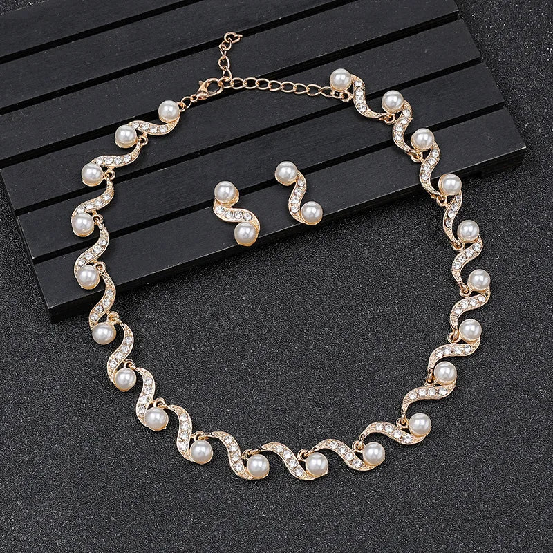 Crystal  Wedding Necklace  Fashion  Pearl  Earring Bridal For Women Elegant Rhinestone Jewelry Sets Party Gif