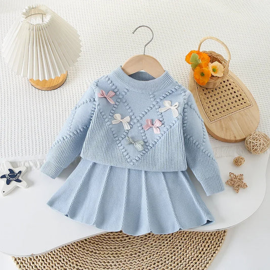 Children's Clothing Sets Bow Knit Top + Pleated Skirt Winter Baby Girl Clothes Knit Sweater for 2 -6 Years Toddler Girl Cardigan