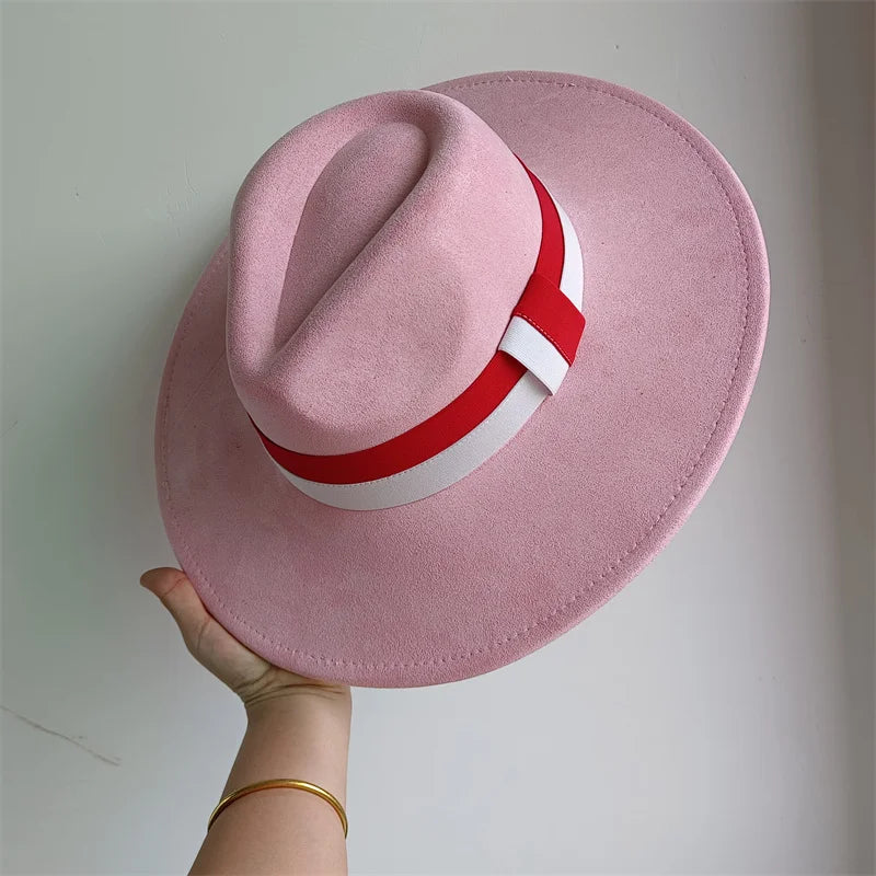 Colorblock ribbon suede hat by Ansoff, stylish wide-brim felt hat with vibrant autumn and winter colors, suitable for women and men.
