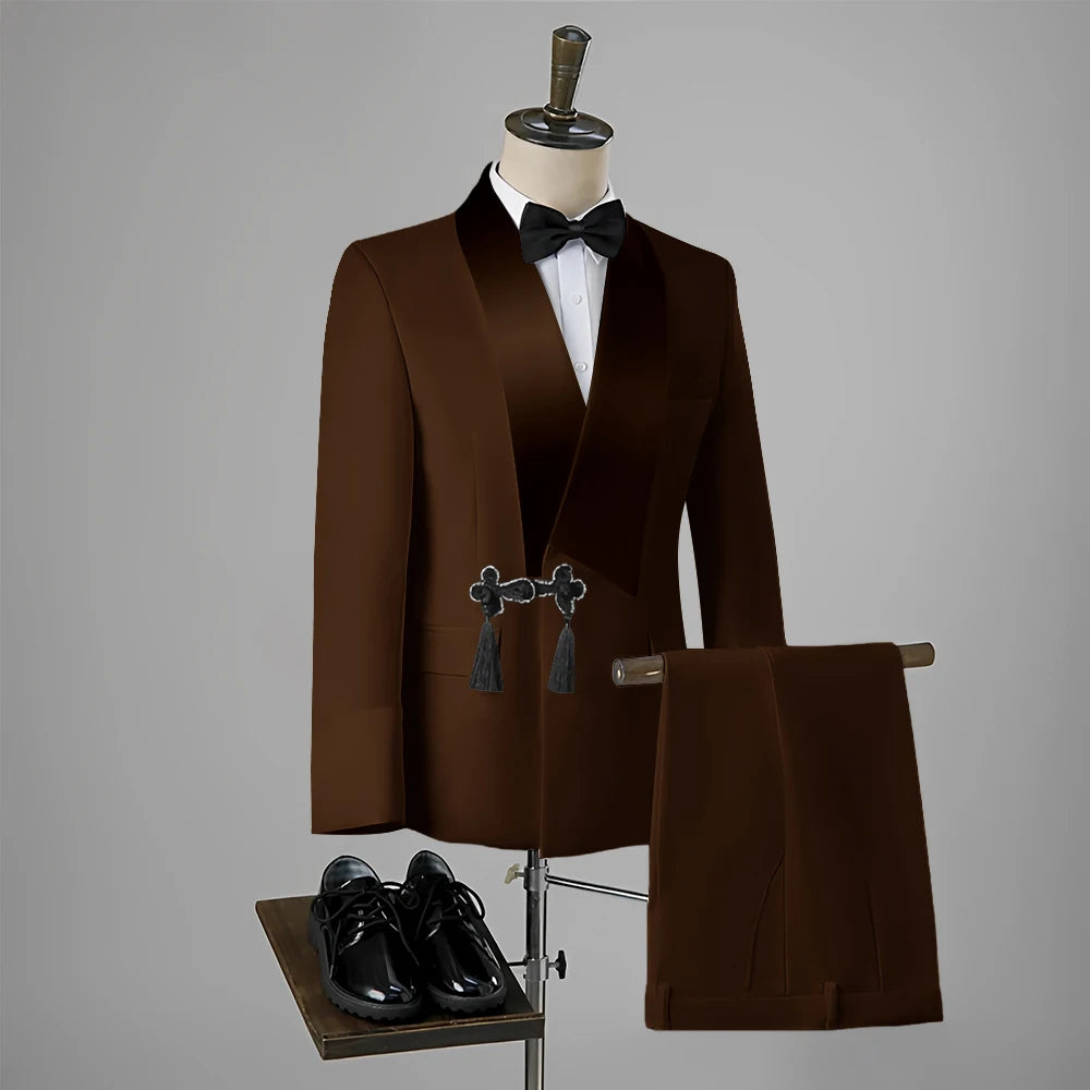 Ansoff men's wedding tuxedo with slim fit blazer and pants, featuring a tassel lapel and single button for groom attire.
