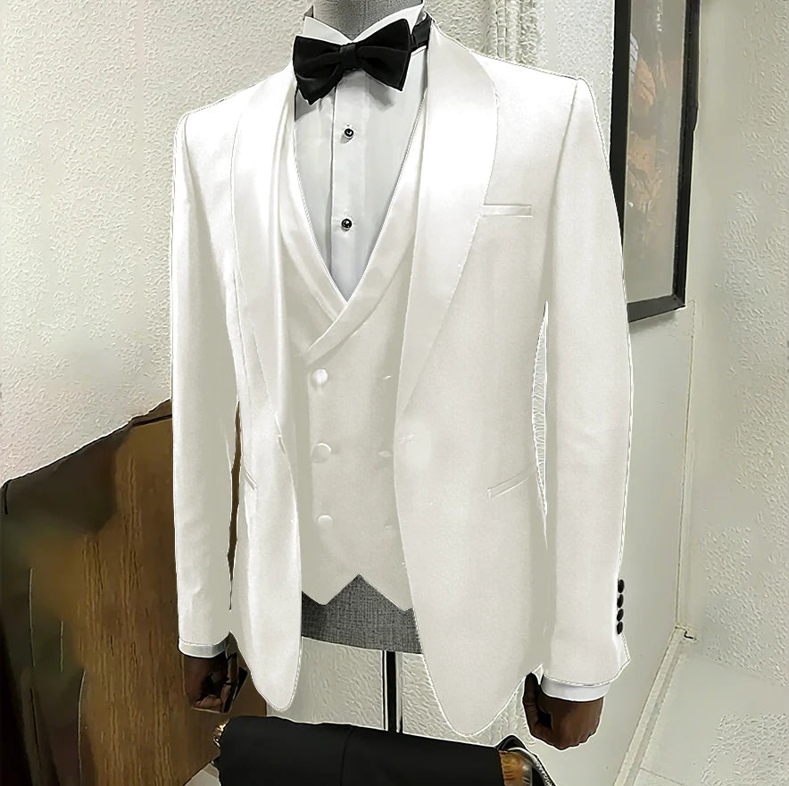 Men's black 3-piece tuxedo by Ansoff featuring shawl lapel, one-button jacket, ideal for wedding, formal, or dinner occasions.