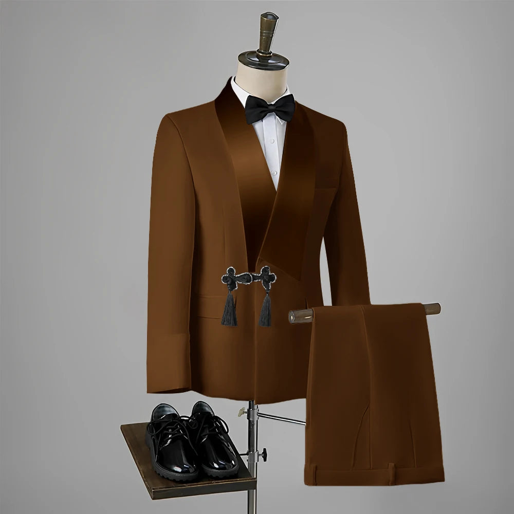 Ansoff men's slim fit wedding tuxedo with tassel lapel, single button blazer and matching pants, formal suit for groom or special occasions.
