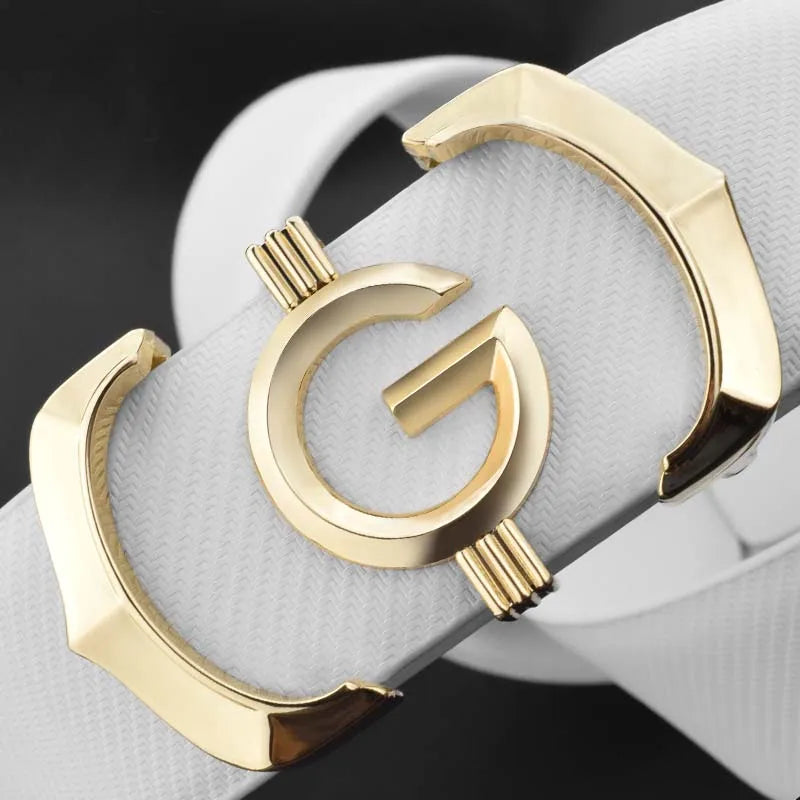 Ansoff men's designer G belt in genuine white cowskin leather, featuring a sleek casual style with a luxury brand look.
