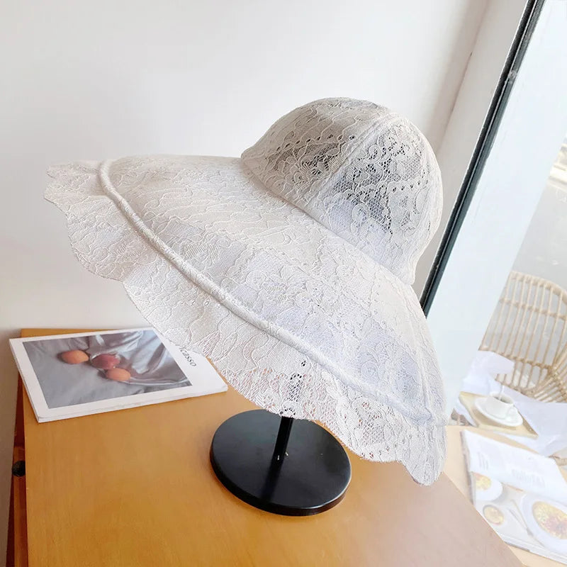Summer Lace Sun Hat Women  Wide Brim Sun Hat Women Lace Hat Summer White Black Lace Party Wedding Packable Beach Hat