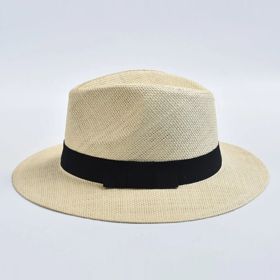Ansoff summer casual straw Panama hat for women and men, outdoor UV protection beach trilby jazz bonnet in natural straw color