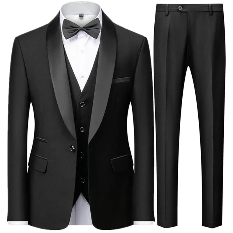 Black men's three-piece autumn wedding suit set including blazer, vest, and pants, featuring a slim fit design from Ansoff.