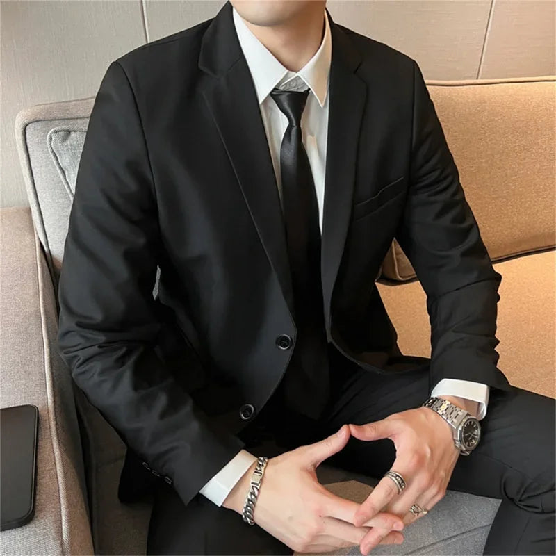 Men's casual formal suit by Ansoff with blazer and trousers, slim fit, solid color for business, wedding, or four-season wear.