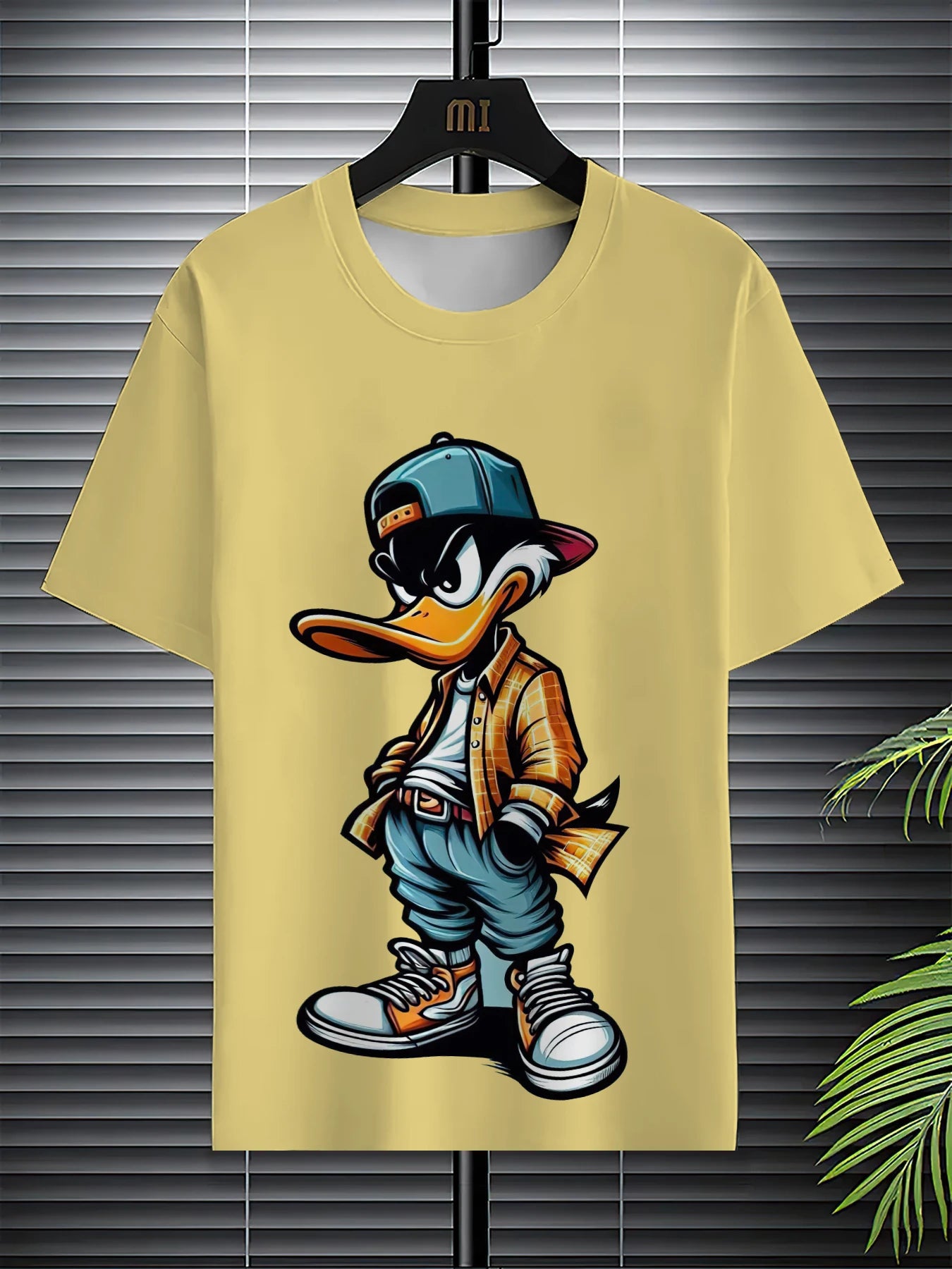 Men's 2025 summer suit by Ansoff with cartoon duck print, casual polyester fabric, stylish and comfortable men's wear.